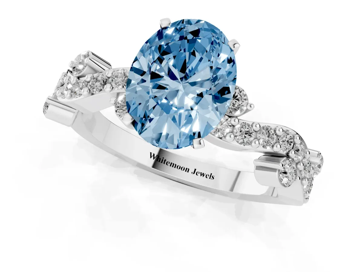 Fancy Blue Oval Cut Cut Solitaire Diamond Twisted Band with Pave Setting Platinum