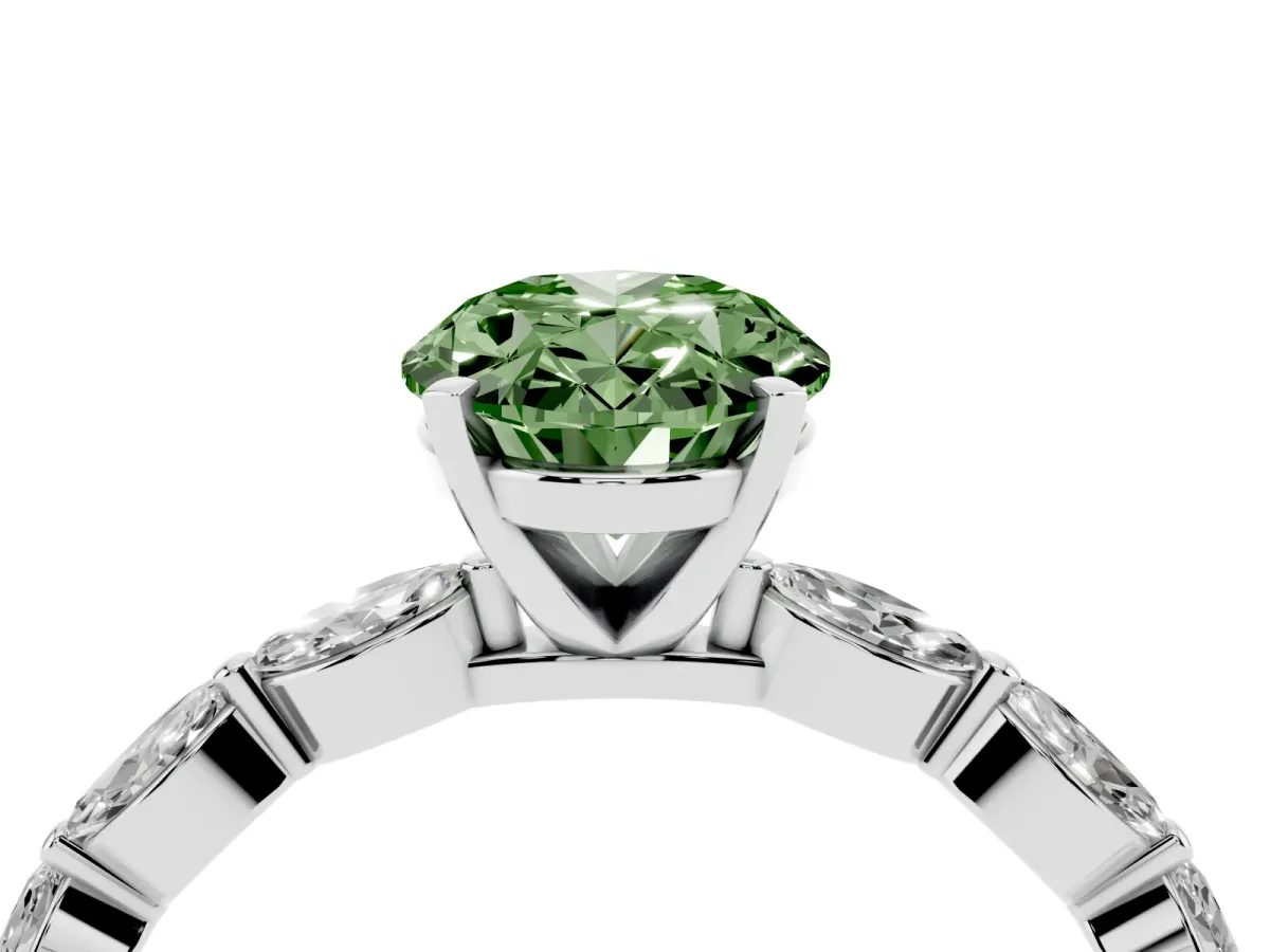Fancy Green Oval Cut Diamond Ring with Marquise Side Stones and Prong Setting Platinum