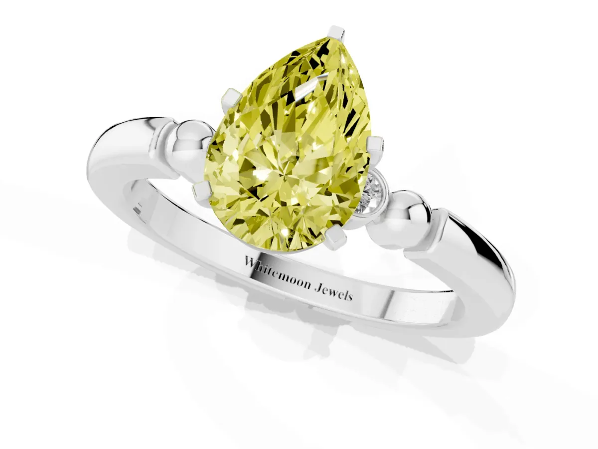 Fancy Yellow Pear Cut Solitaire Beaded Band with Four-Prong Setting Platinum