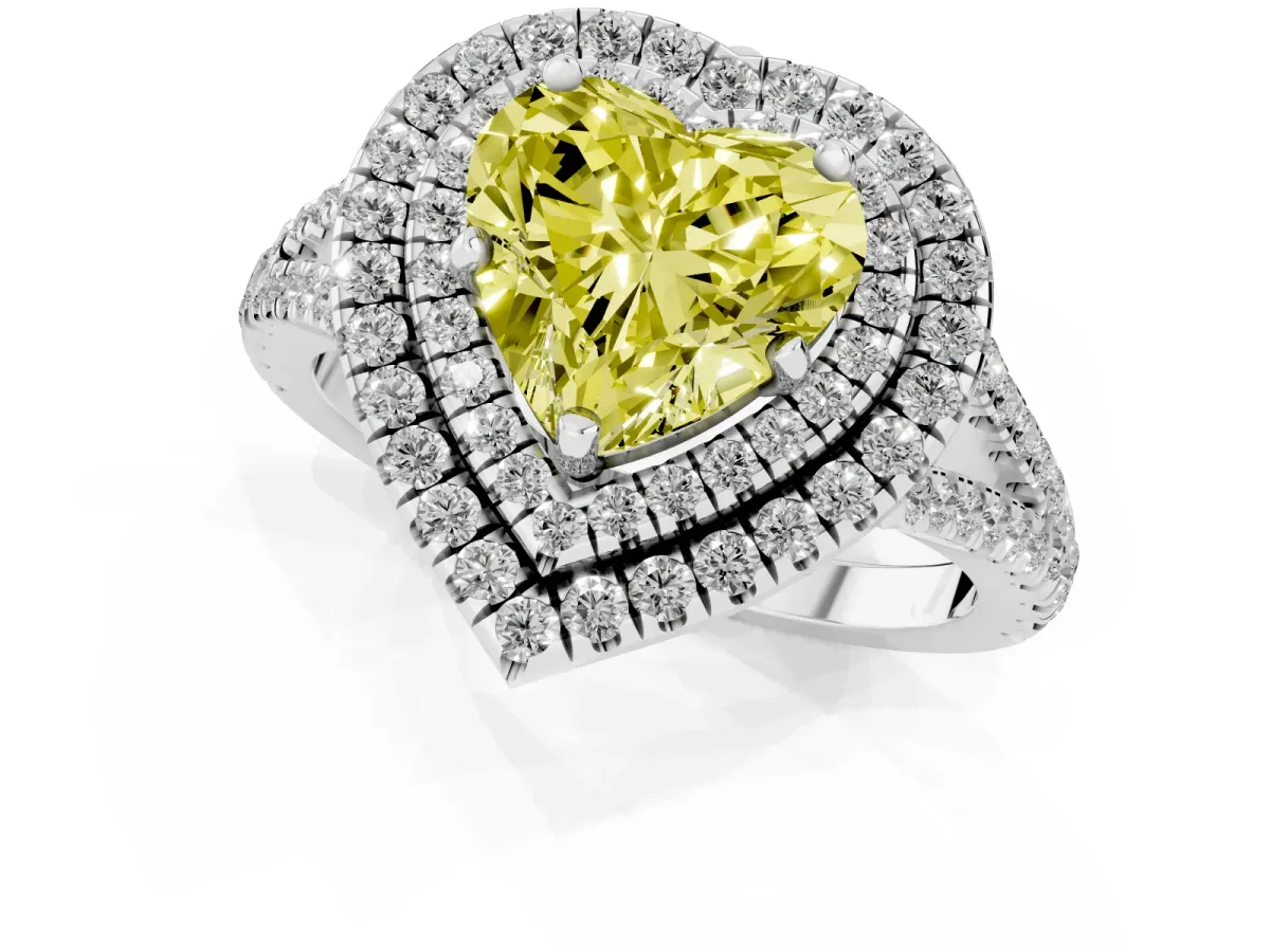 Fancy Yellow Heart Cut Diamond Double Halo Ring with Pavé Band and Prong Setting Platinum