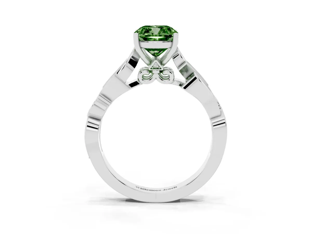 Fancy Green Cushion Cut Solitaire Vine Band with Milgrain Prong Setting Platinum