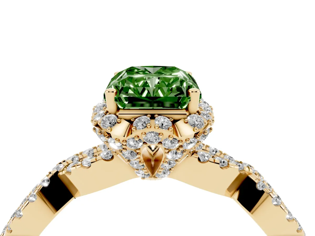 Fancy Green Radiant Cut Halo Twist Band Solitaire Ring with Six-Prong Setting Yellow gold