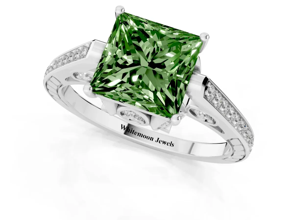 Fancy Green Princess Cut Cut Cathedral Pave Diamond Engagement Ring with Six-Prong Setting Silver