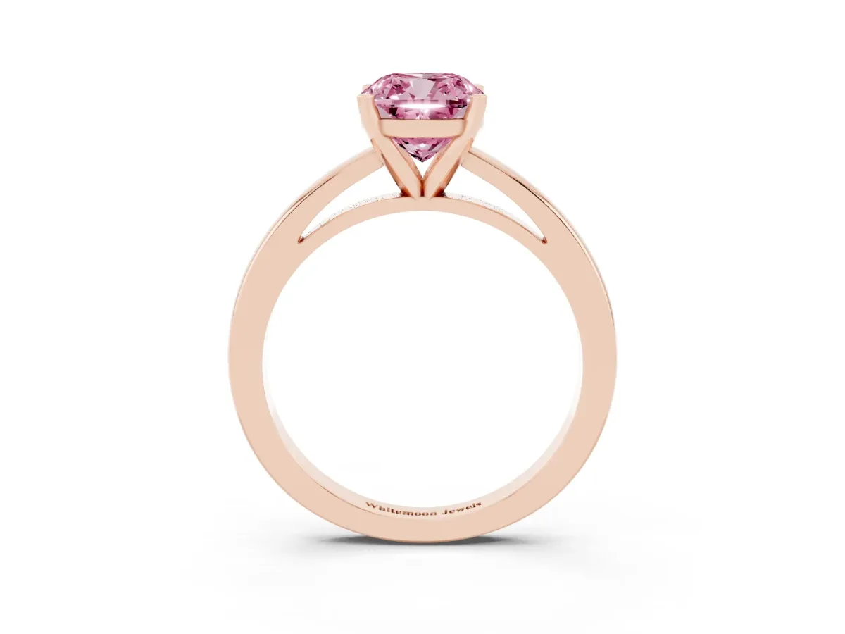 Fancy Pink Cushion Cut Solitaire Diamond Engagement Ring with Four-Prong Setting on a Classic Band Rose gold