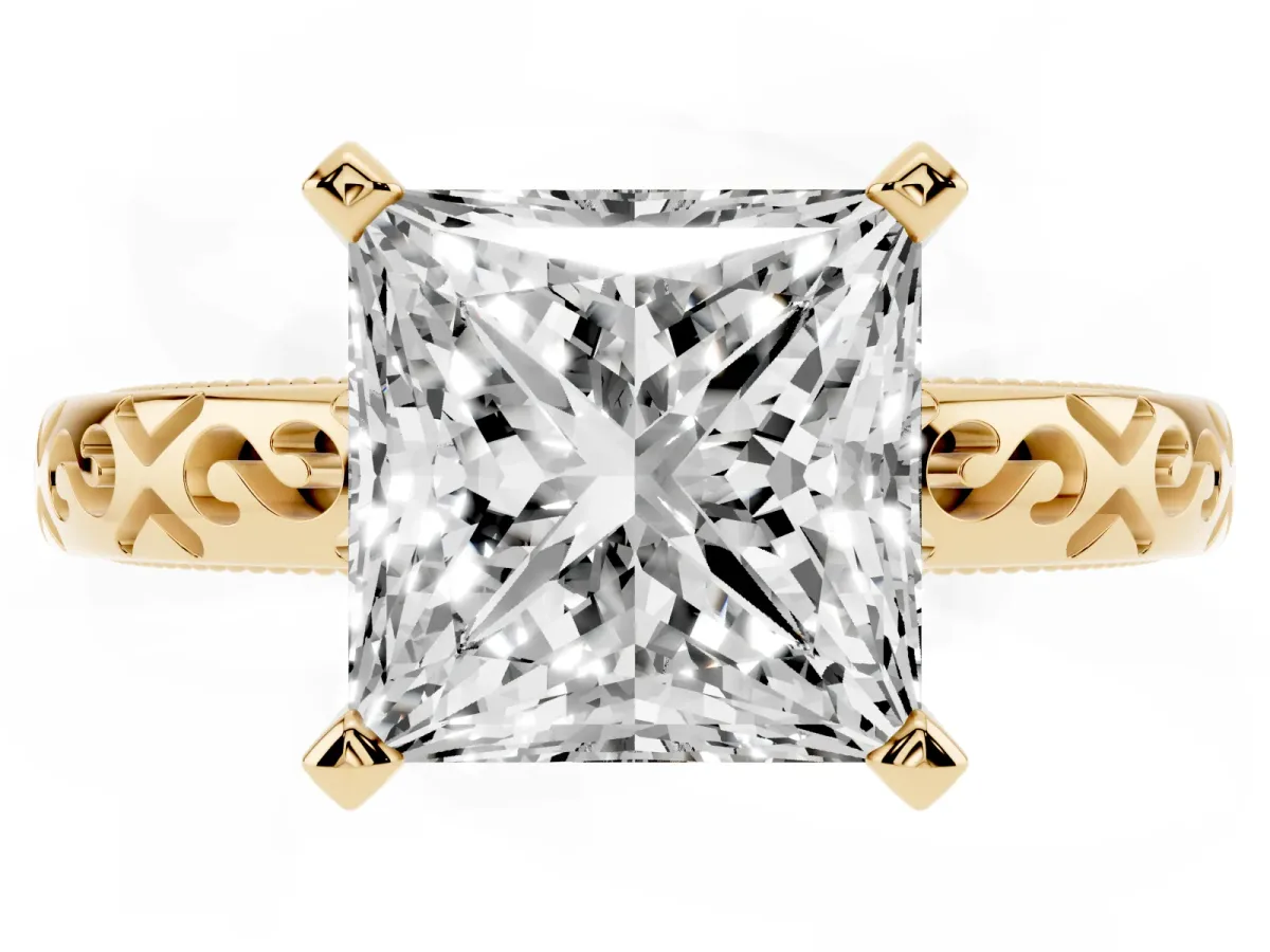 Princess Cut Solitaire Engagement Ring with Scrollwork Band and Four-Prong Setting Yellow gold