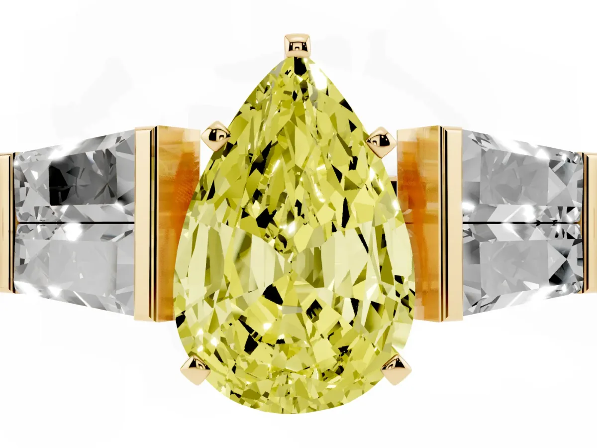 Fancy Yellow Pear Cut Diamond Engagement Ring with Baguette Side Stones and Channel Set Band Yellow gold