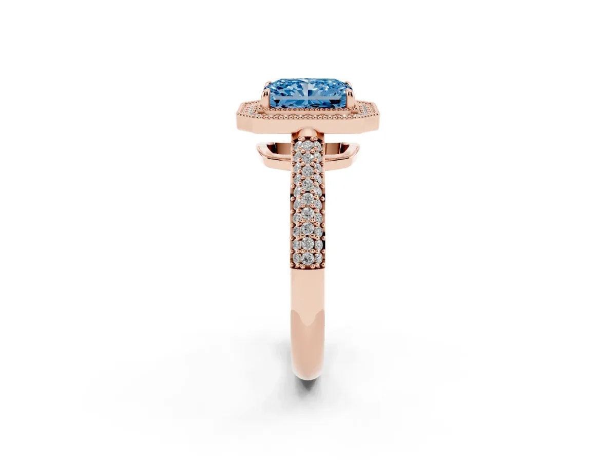 Fancy Blue Radiant Cut Cut Halo Diamond Pave Band with Four-Prong Setting Rose gold