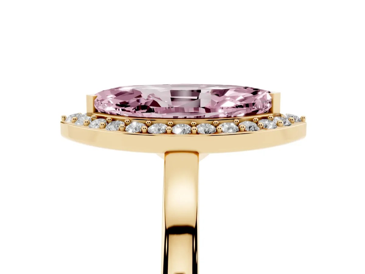 Fancy Pink Marquise Cut Halo Diamond Ring with Solitaire Band and Prong Setting Yellow gold