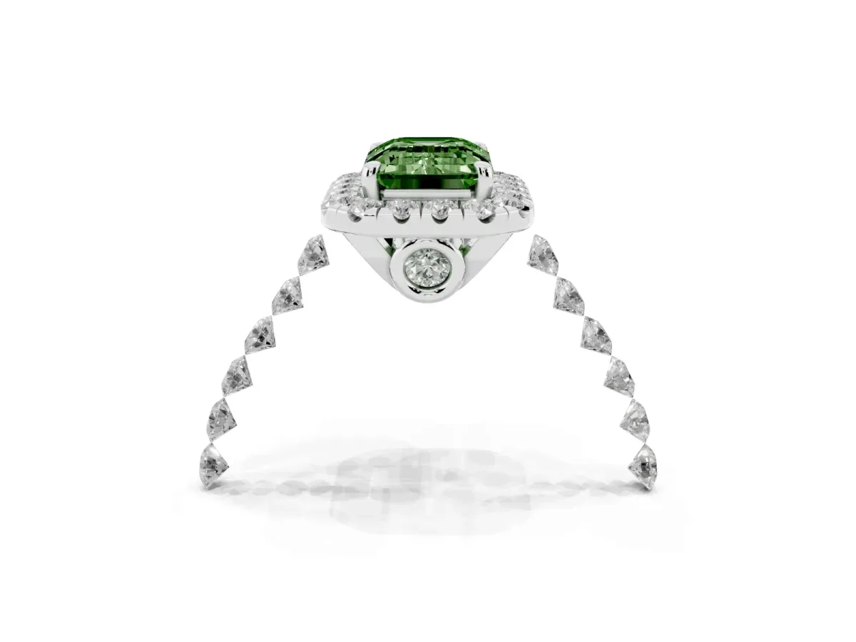 Fancy Green Emerald Cut Halo Pavé Diamond Engagement Ring with Four-Prong Setting Silver