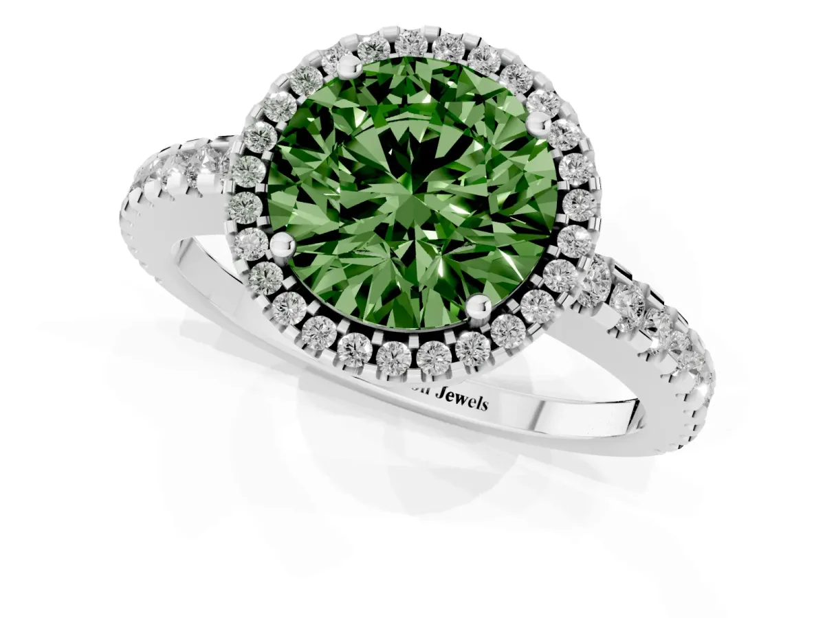 Fancy Green Round Cut Diamond Halo Engagement Ring with Pavé Band and Prong Setting White gold