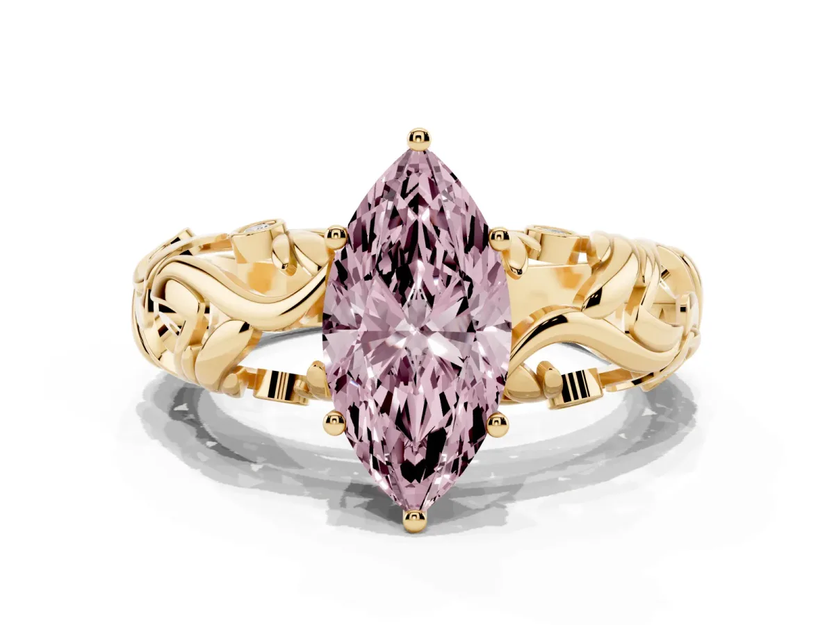 Fancy Pink Marquise Cut Solitaire Diamond Leaf-Inspired Vine Band Ring with Prong Setting Yellow gold
