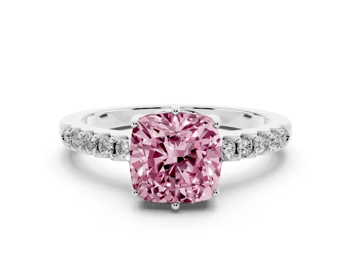 Fancy Pink Cushion Cut Solitaire Diamond Engagement Ring with Pavé Band and Six-Prong Setting White gold