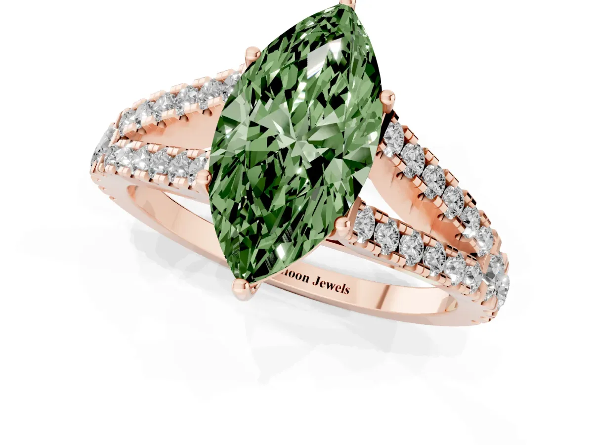 Fancy Green Marquise Cut Diamond Split Shank Engagement Ring with Round Pavé and Prong Setting Rose gold