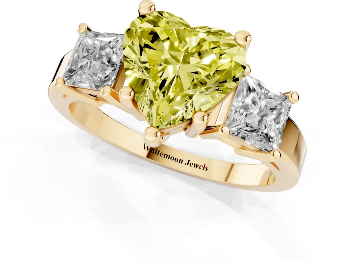 Fancy Yellow Three-Stone Heart Cut Cut Solitaire Ring with Prong Setting Yellow gold
