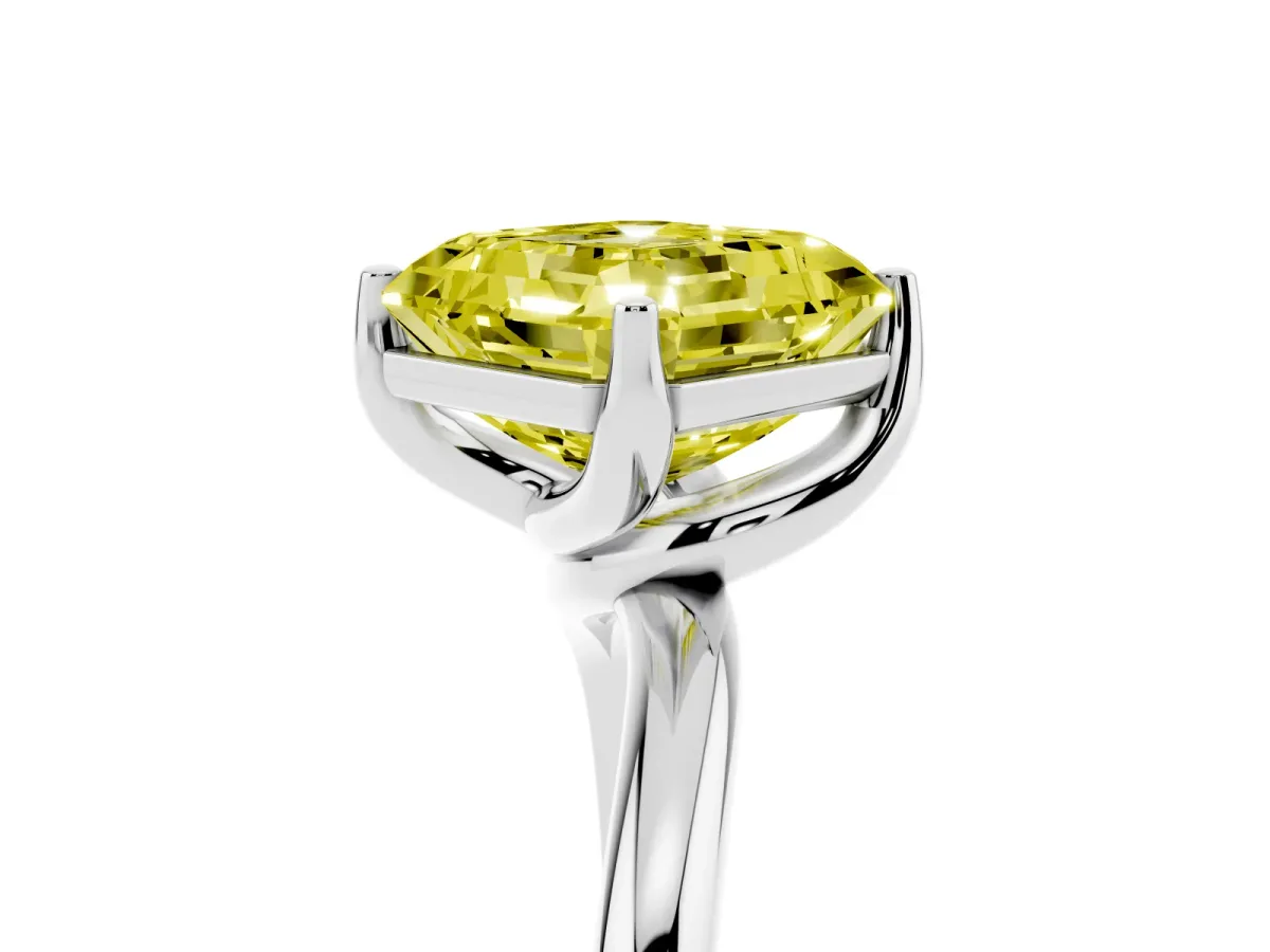 Fancy Yellow Asscher Cut Diamond Solitaire Engagement Ring with Four-Prong Setting and Classic Band Platinum