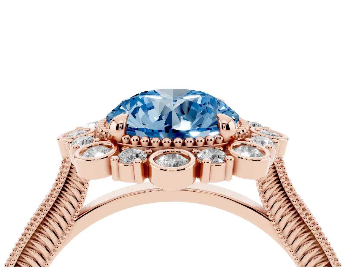 Fancy Blue Round Cut Halo Milgrain Pave Diamond Ring with Four-Prong Setting Rose gold