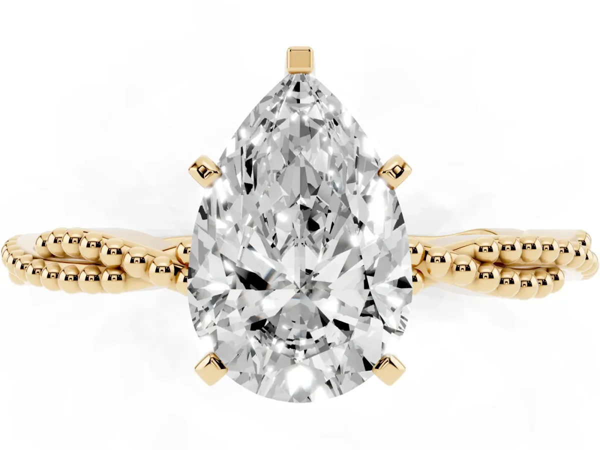 Pear Cut Solitaire Twisted Band with Bead Prong Setting Yellow gold