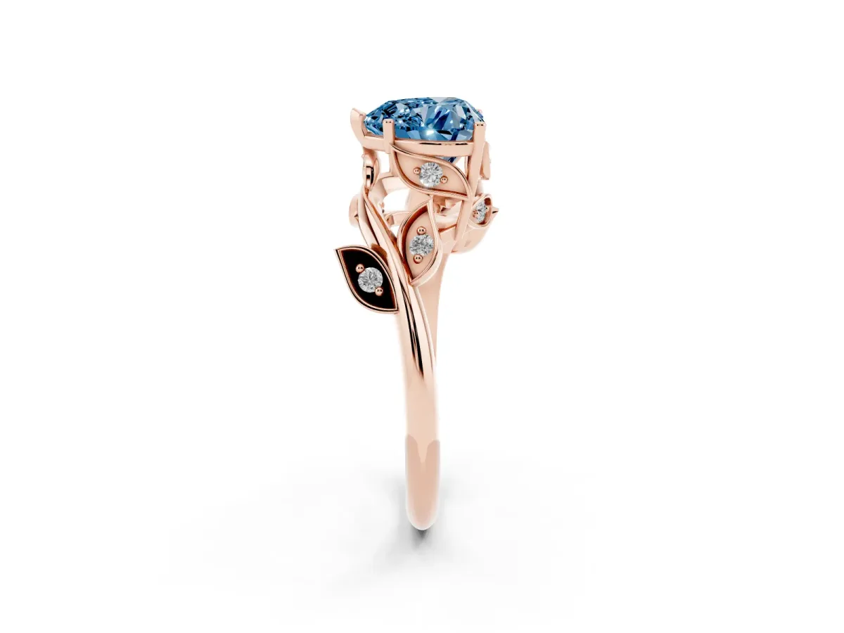 Fancy Blue Heart Cut Solitaire Twist Engagement Ring with Leaf Accents and Prong Setting Rose gold