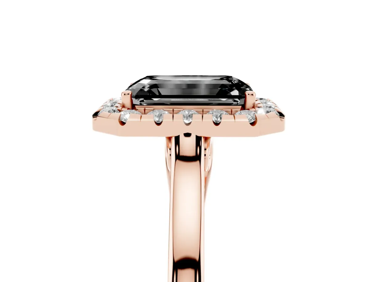 Fancy Black Emerald Cut Halo Round Diamond Solitaire Ring with Pavé Band and Four-Prong Setting Rose gold