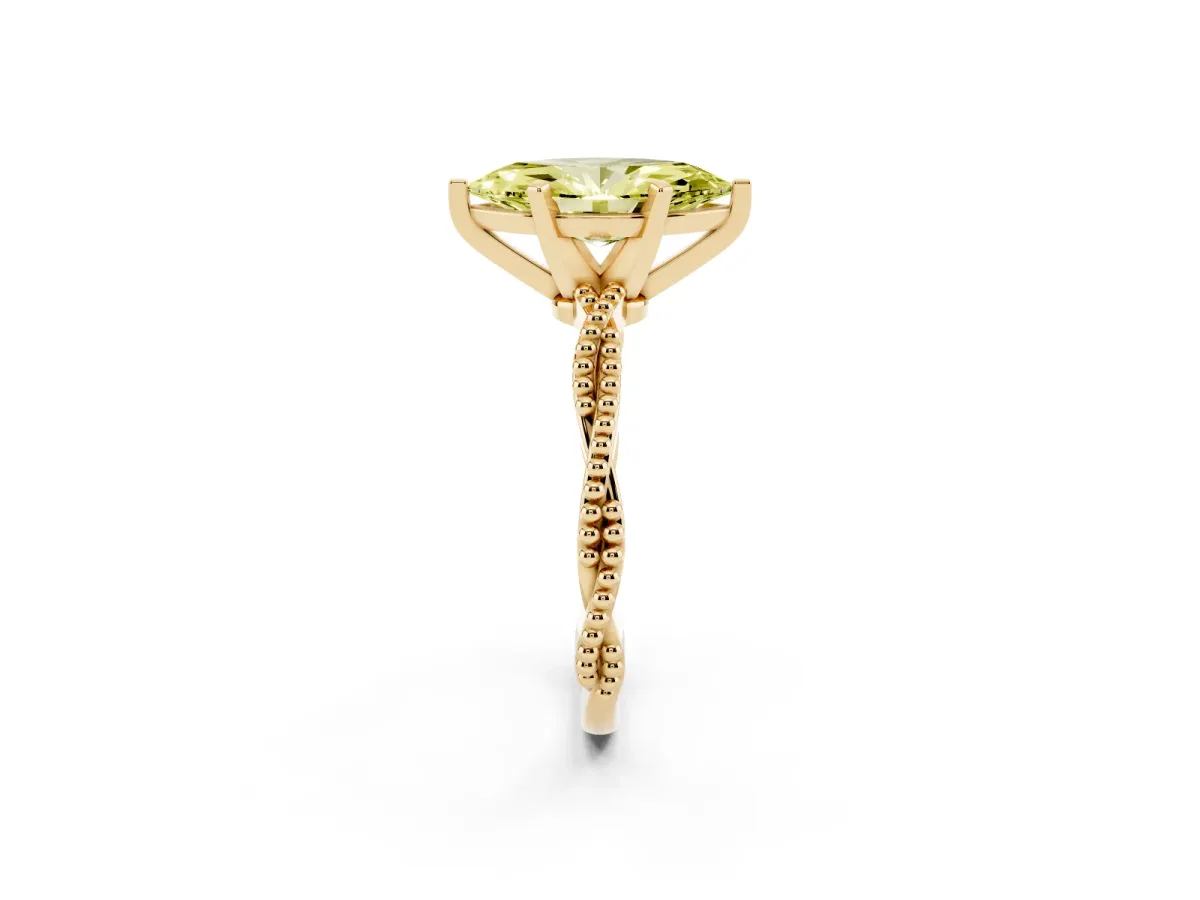 Fancy Yellow Marquise Cut Solitaire Twisted Band with Bead Prong Setting Yellow gold