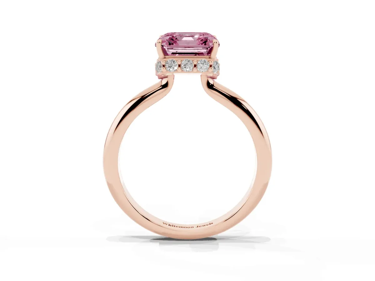 Fancy Pink Asscher Cut Brilliant Solitaire Engagement Ring with Six-Prong Setting and Classic Band Rose gold