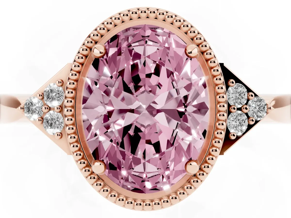 Fancy Pink Oval Cut Diamond Halo Ring with Tapered Band and Four-Prong Setting Rose gold
