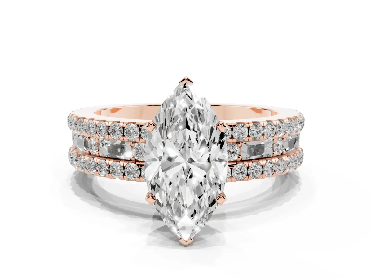 Marquise Cut Diamond Solitaire Ring with Pavé and Channel Set Band Rose gold
