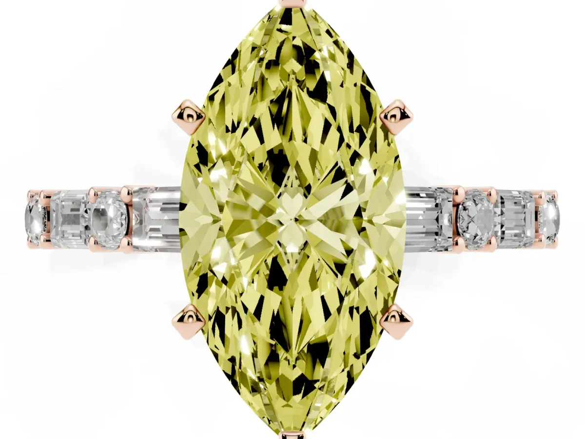 Fancy Yellow Marquise Cut Diamond Solitaire with Side Baguettes and Channel Set Band Rose gold