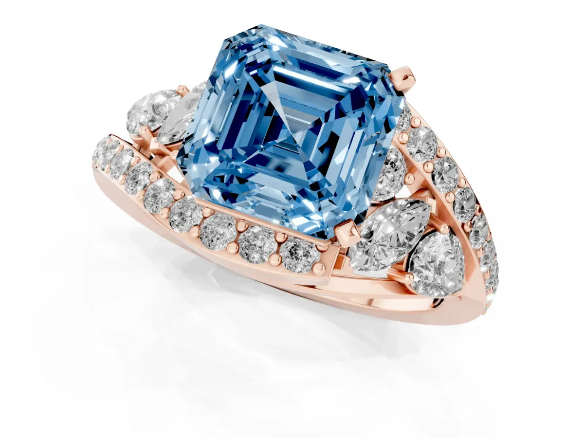 Fancy Blue Asscher Cut Diamond Halo Ring with Marquise and Pavé Band in Prong Setting Rose gold
