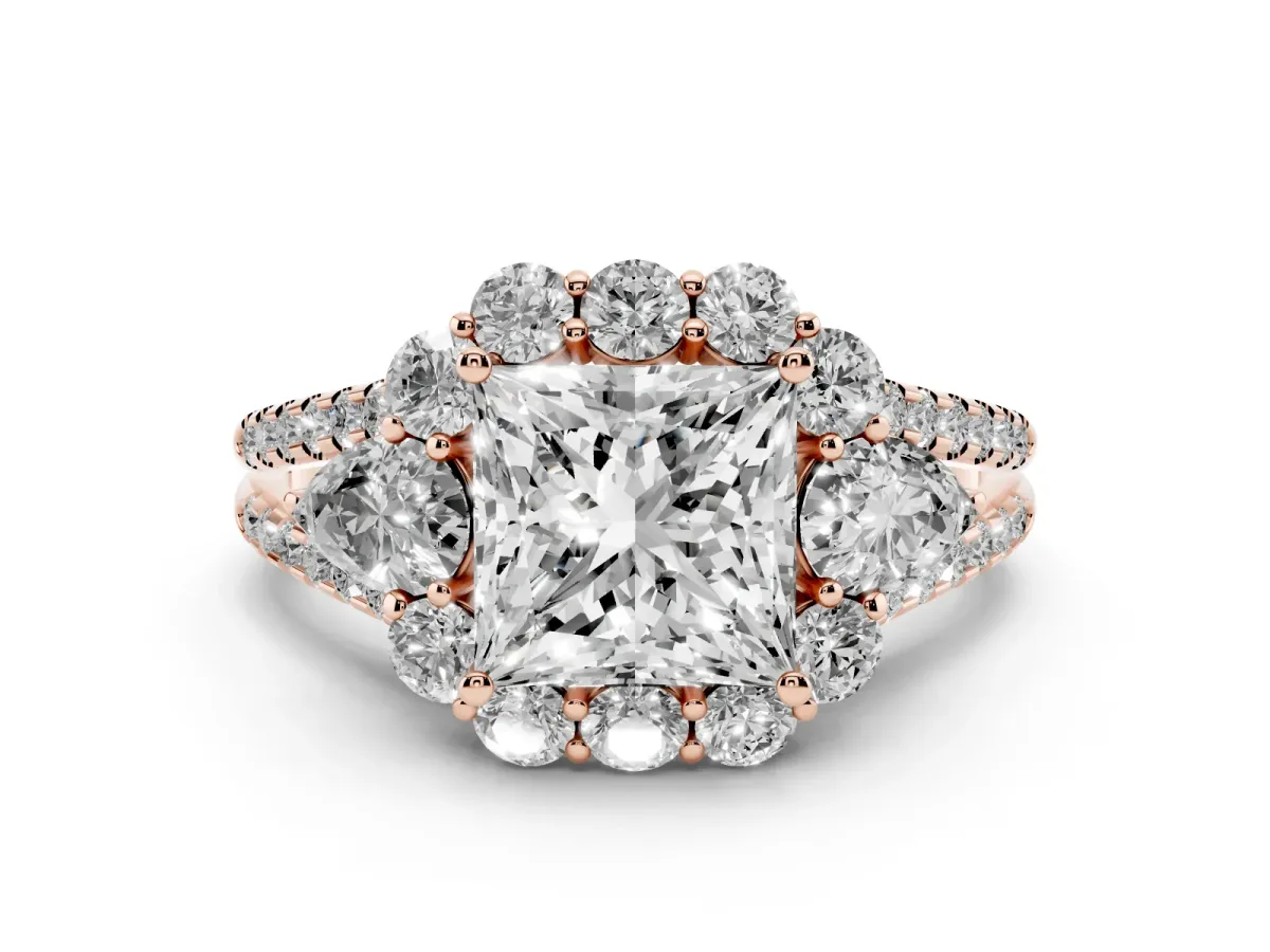 Princess Cut Halo Split Shank Diamond Engagement Ring with Prong Setting Rose gold