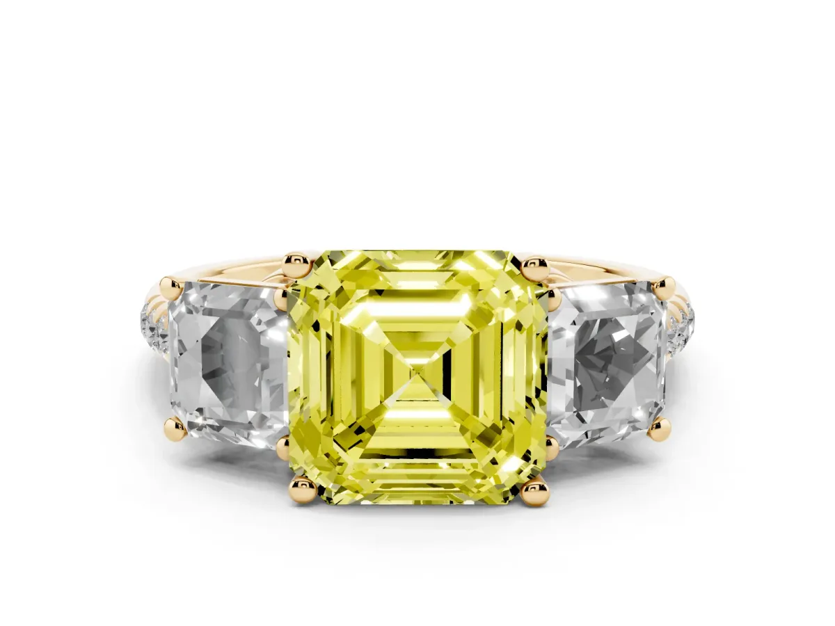 Fancy Yellow Three-Stone Asscher Cut Diamond Ring with Round Pavé Band and Prong Setting Yellow gold