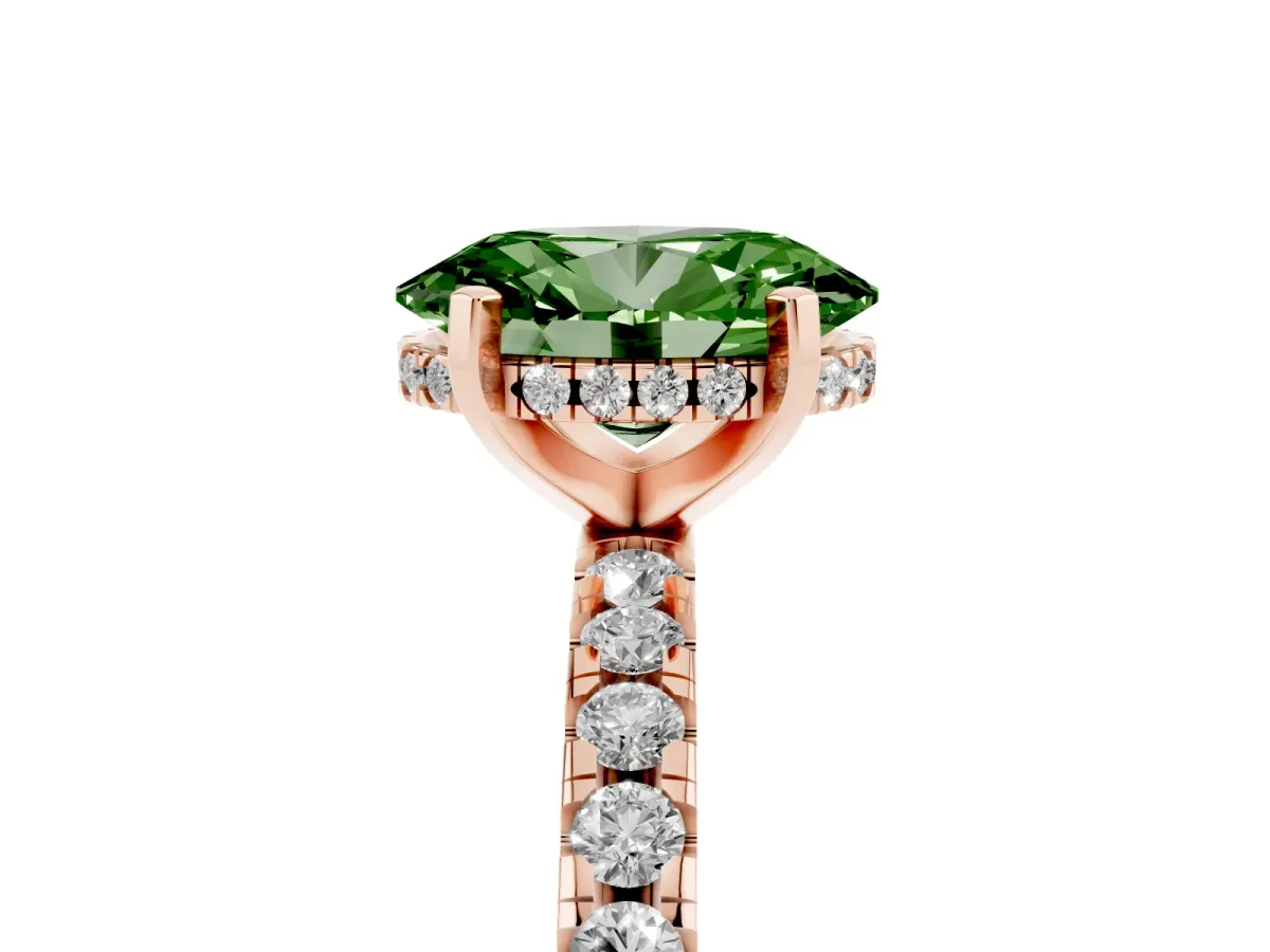 Fancy Green Oval Cut Diamond Solitaire Ring with Round Pavé Band and Four-Prong Setting Rose gold
