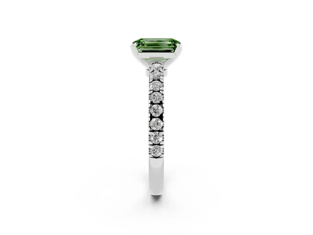 Fancy Green Emerald Cut Solitaire Diamond with Pavé Band and Four-Prong Setting Silver