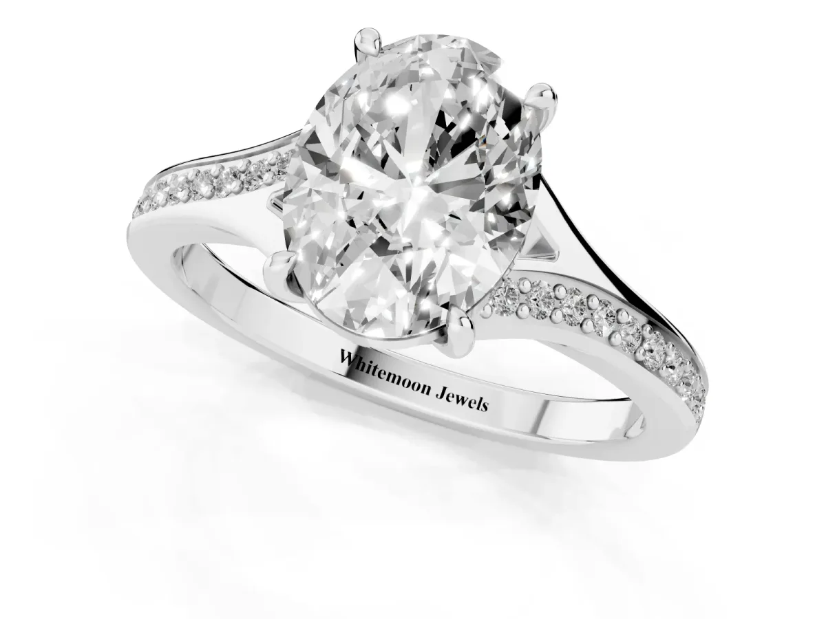 Oval Cut Diamond Solitaire Ring with Pavé Band and Prong Setting Silver