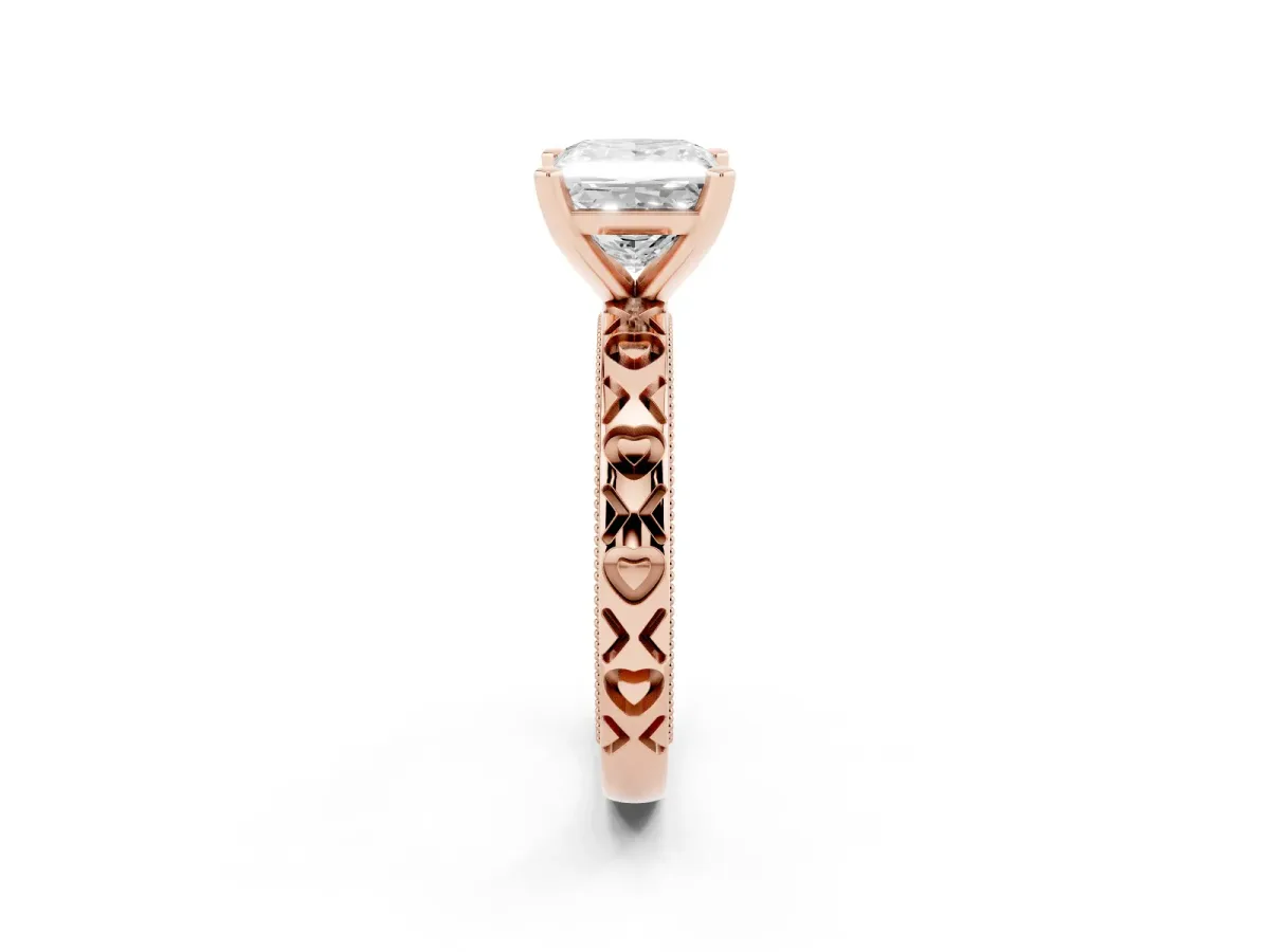 Princess Cut Solitaire Diamond Engagement Ring with XO Engraved Band and Four-Prong Setting Rose gold