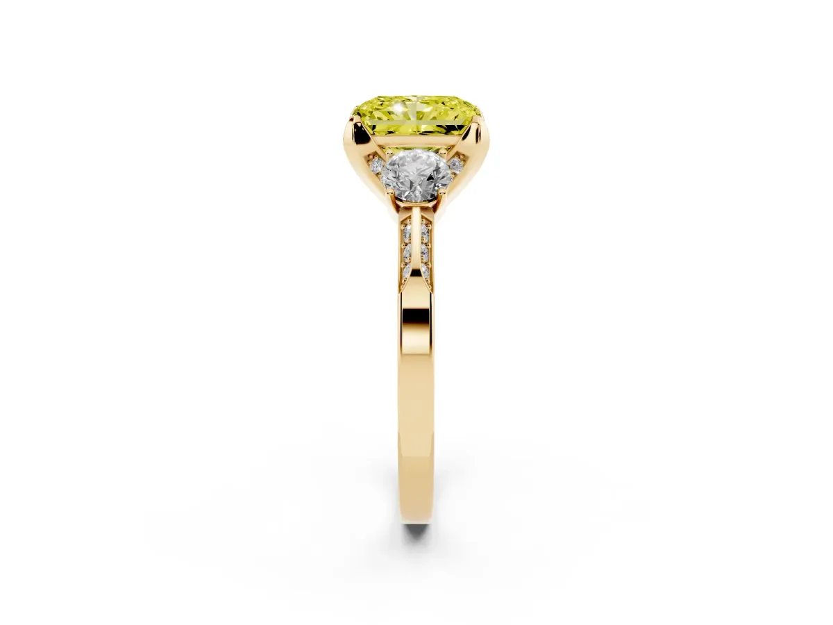 Fancy Yellow Radiant Cut Brilliant Three-Stone Diamond Ring with Pavé Band and Four-Prong Setting Yellow gold