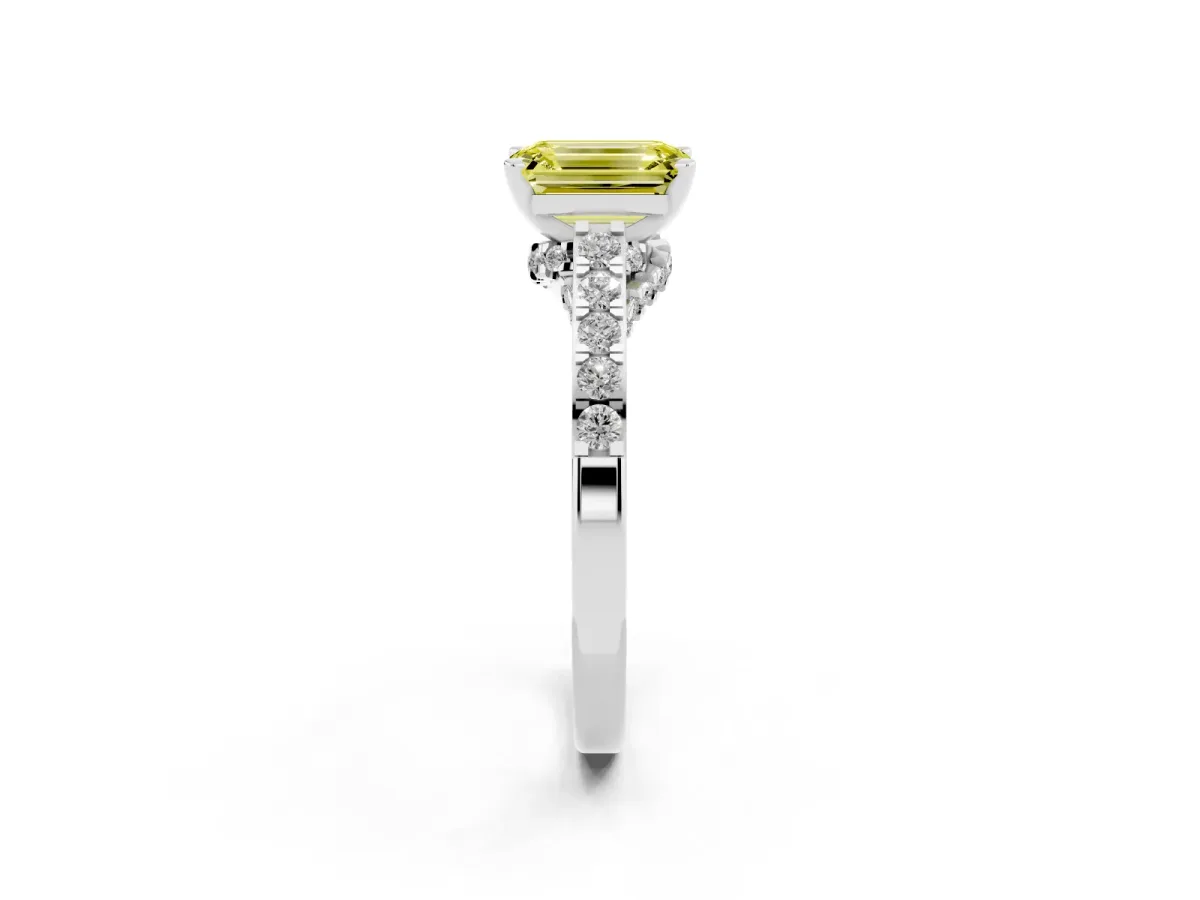 Fancy Yellow Emerald Cut Diamond Solitaire Ring with Crossover Gallery and Round Pavé Band Silver
