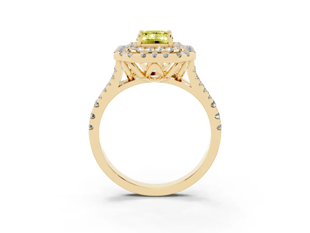 Fancy Yellow Double Halo Emerald Cut Diamond Pavé Split Shank Ring with Prong Setting Yellow gold