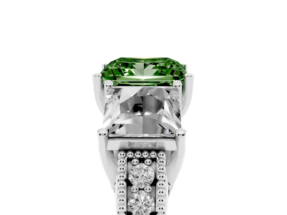 Fancy Green Three-Stone Princess Cut Cut Milgrain Pavé Engagement Ring Silver