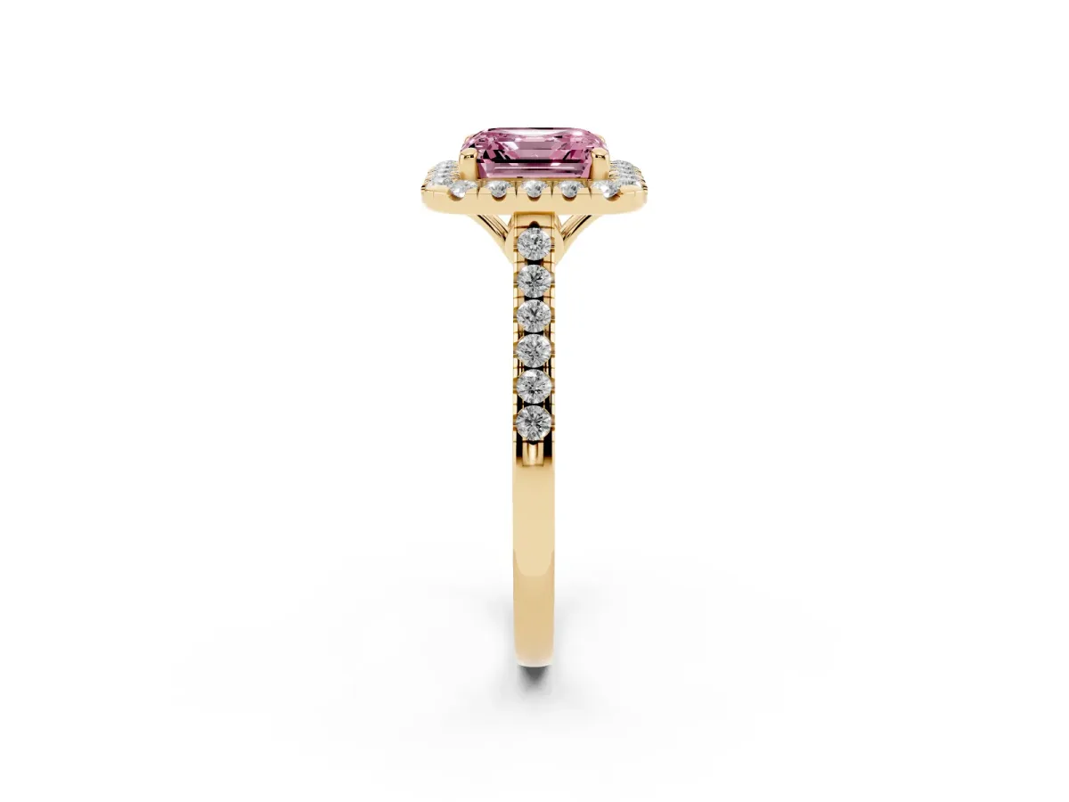 Fancy Pink Asscher Cut Halo Pavé Diamond Engagement Ring with Four-Prong Setting Yellow gold