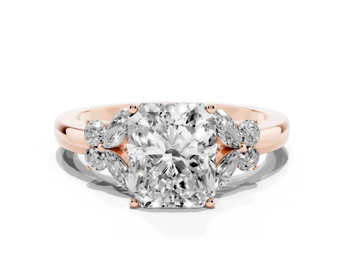 Radiant Cut Cut Solitaire Floral Diamond Ring with Four-Prong Setting Rose gold