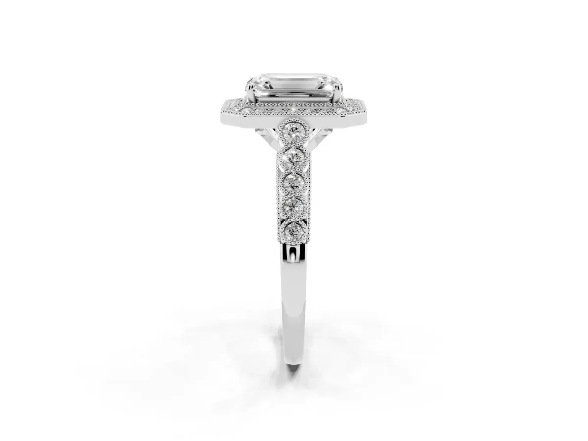 Emerald Cut Halo Milgrain Solitaire with Bezel Set Side Stones and Pave Band White gold