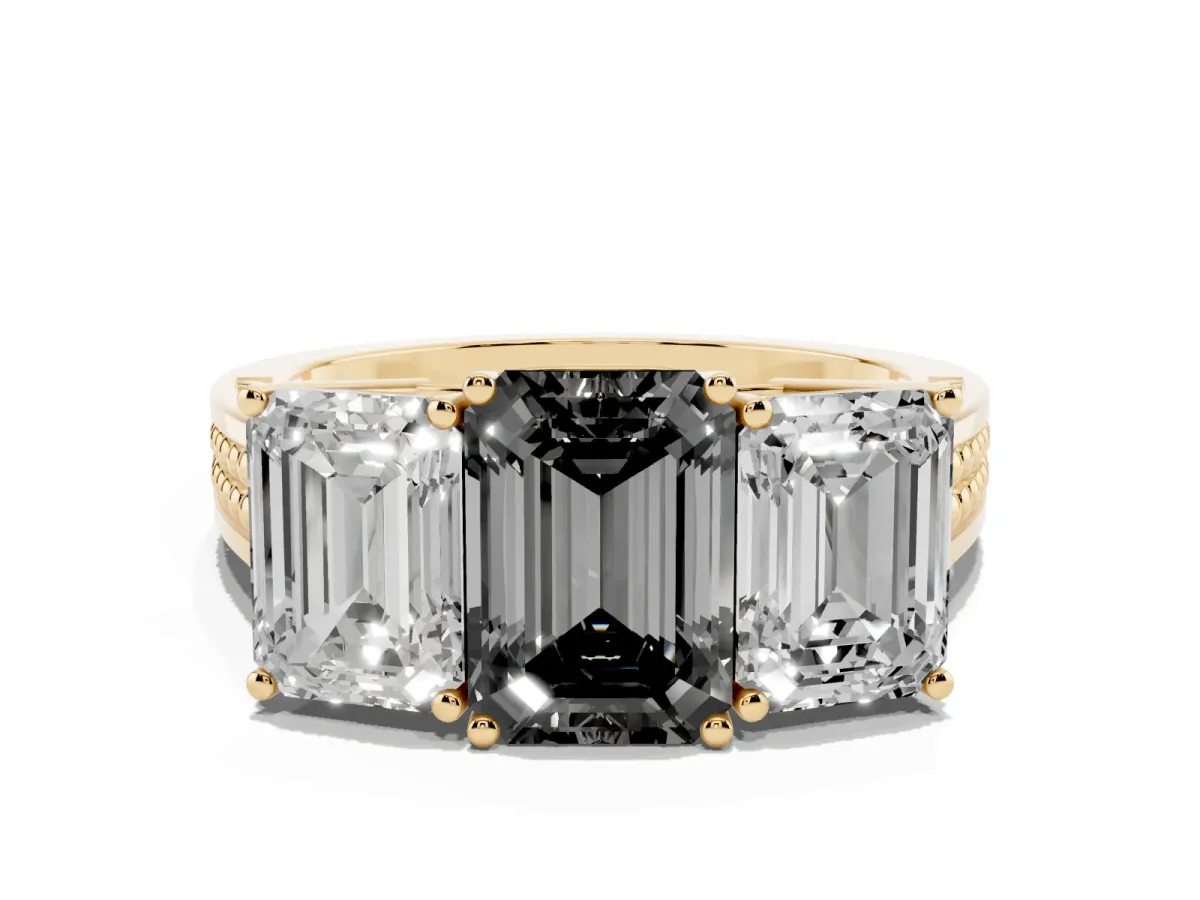 Fancy Black Emerald Cut Diamond Three-Stone Ring with Prong Setting and Textured Band Yellow gold