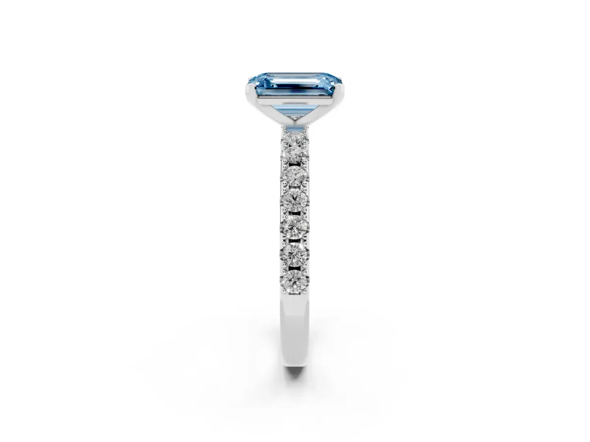 Fancy Blue Emerald Cut Diamond Solitaire Pavé Band with Four-Prong Setting Platinum