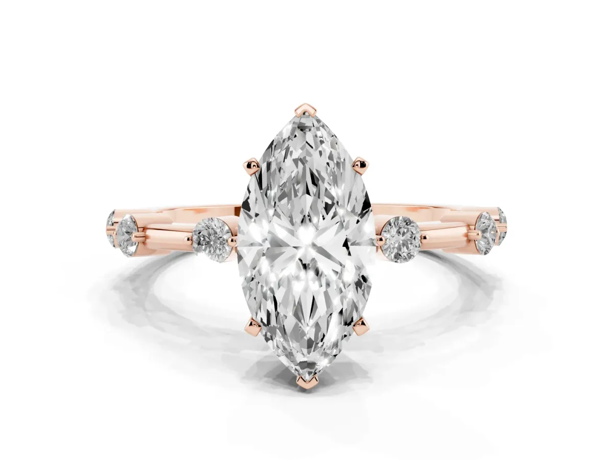 Marquise Cut Solitaire Diamond Ring with Bezel Set Side Stones and Prong Setting Rose gold
