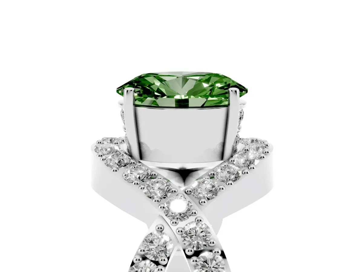 Fancy Green Oval Cut Solitaire Twist Band Pavé Diamond Engagement Ring Platinum
