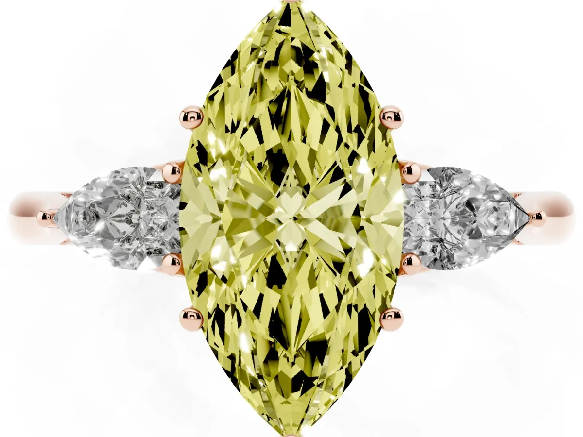 Fancy Yellow Three-Stone Marquise Cut Brilliant Diamond Solitaire Ring with Tapered Band and Four-Prong Setting Rose gold