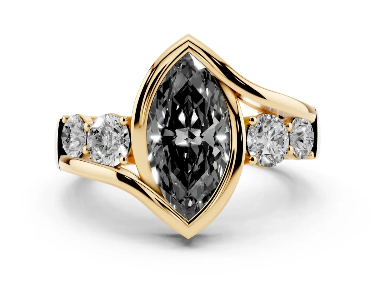 Fancy Black Bezel Set Marquise Cut Diamond Bypass Ring with Round Accents Yellow gold