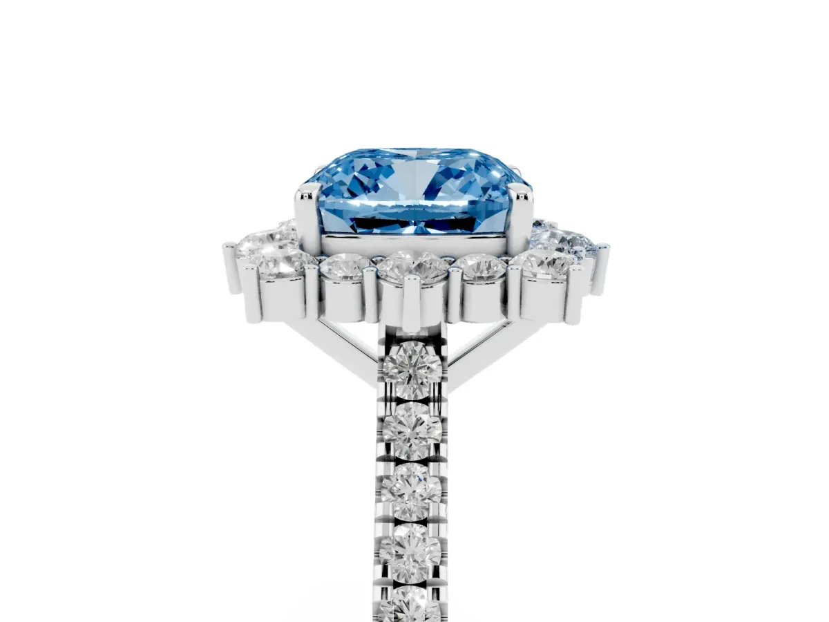 Fancy Blue Cushion Cut Halo Diamond Ring with Pavé Band and Prong Setting White gold