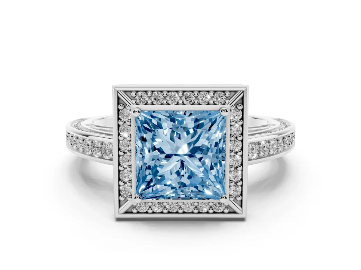Fancy Blue Princess Cut Cut Halo Pave Split Shank Prong Setting Ring Silver